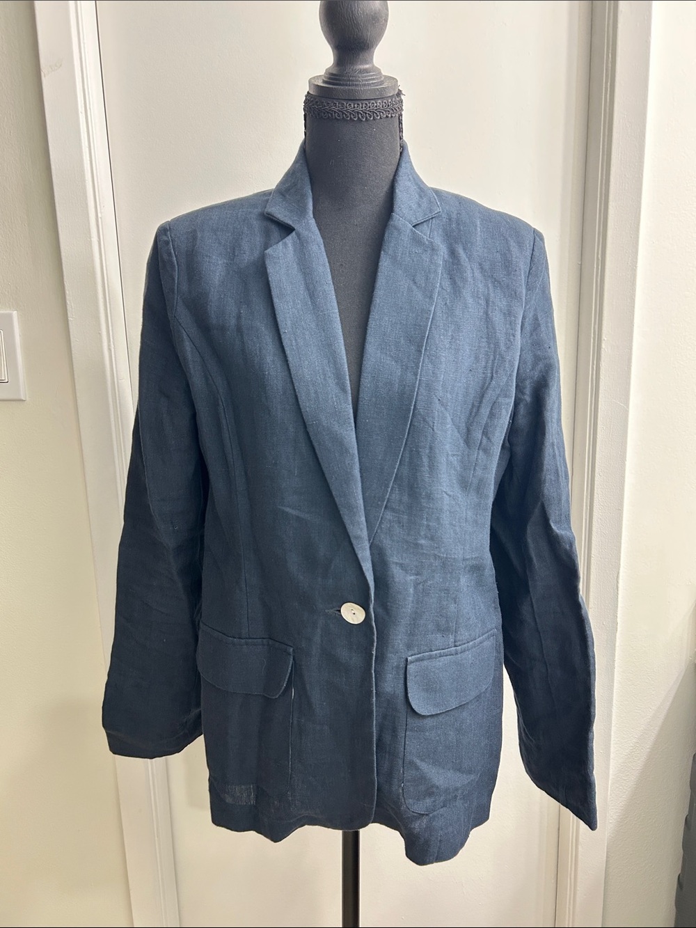 Neiman Marcus Navy Linen Cotton Single-Button Womens Blazer